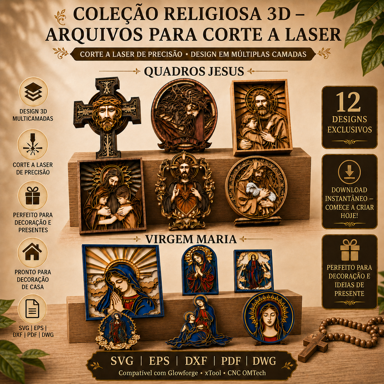 Coleção Religiosa 3D completa com 12 arquivos de Jesus e Virgem Maria para corte a laser