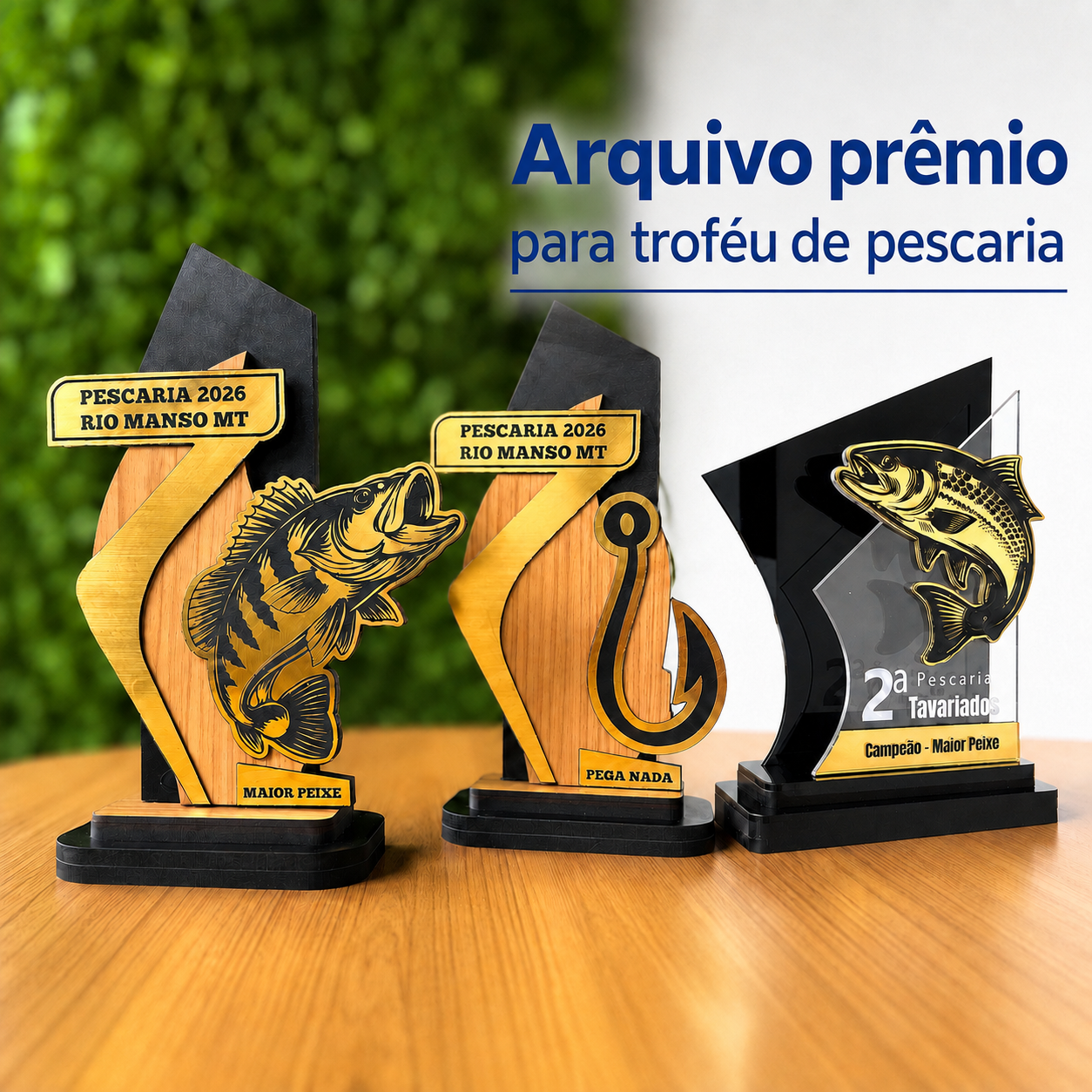 Pack com 3 arquivos de troféus para pescaria para máquina laser em MDF e acrílico