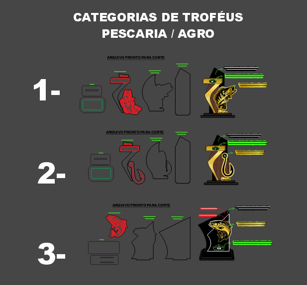 Pack com 3 arquivos de troféus para pescaria para máquina laser em MDF e acrílico — imagem 2
