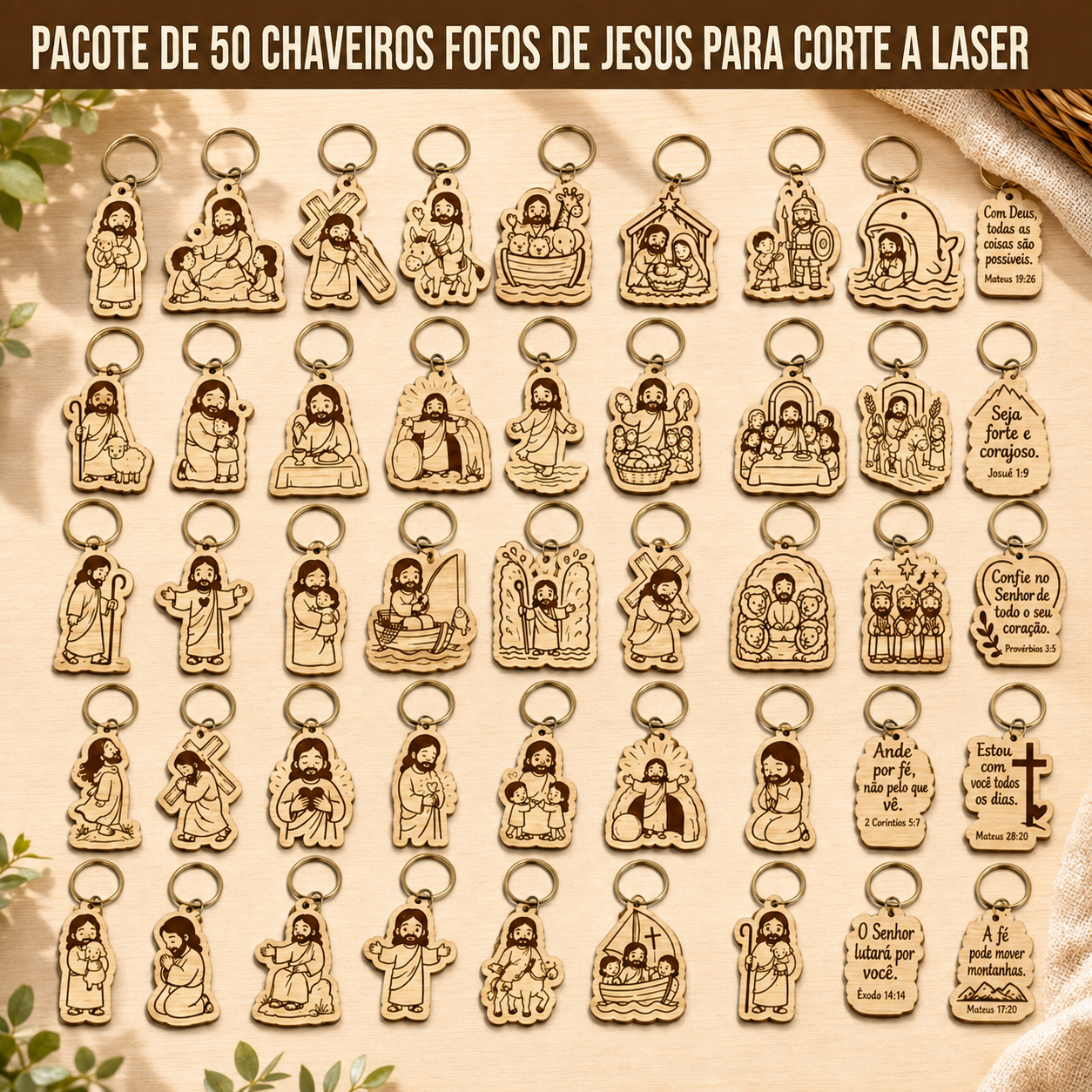 Pacote com 50 chaveiros fofos de Jesus em MDF para corte a laser