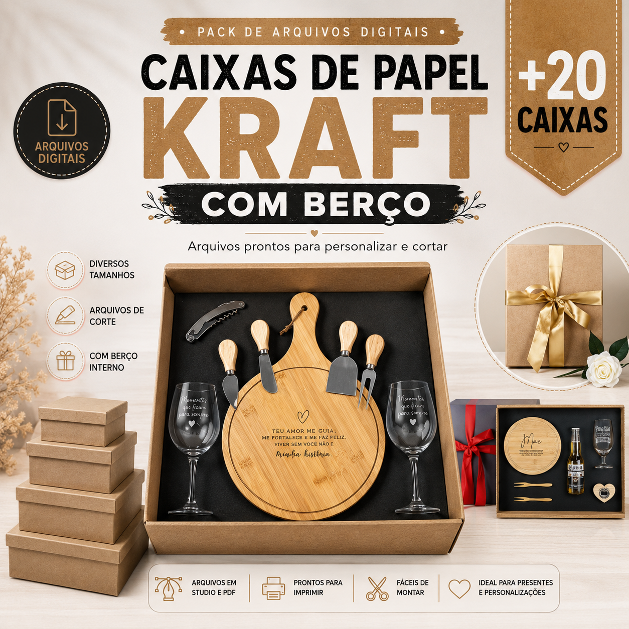 Pack com mais de 20 arquivos de caixas de papel kraft com berço para kits e presentes personalizados