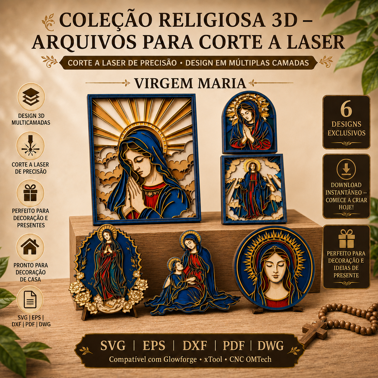 Coleção Virgem Maria 3D com 6 arquivos religiosos para corte a laser em MDF