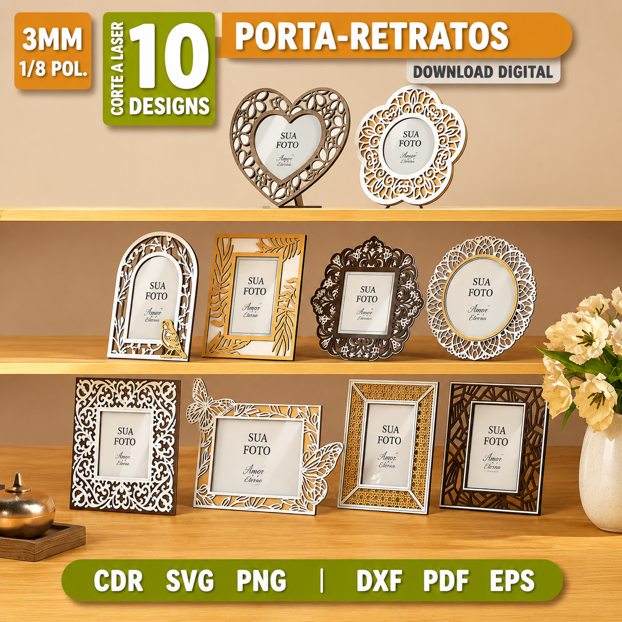 Pack com 10 porta-retratos em MDF para corte a laser com arquivos CDR SVG DXF PDF e EPS