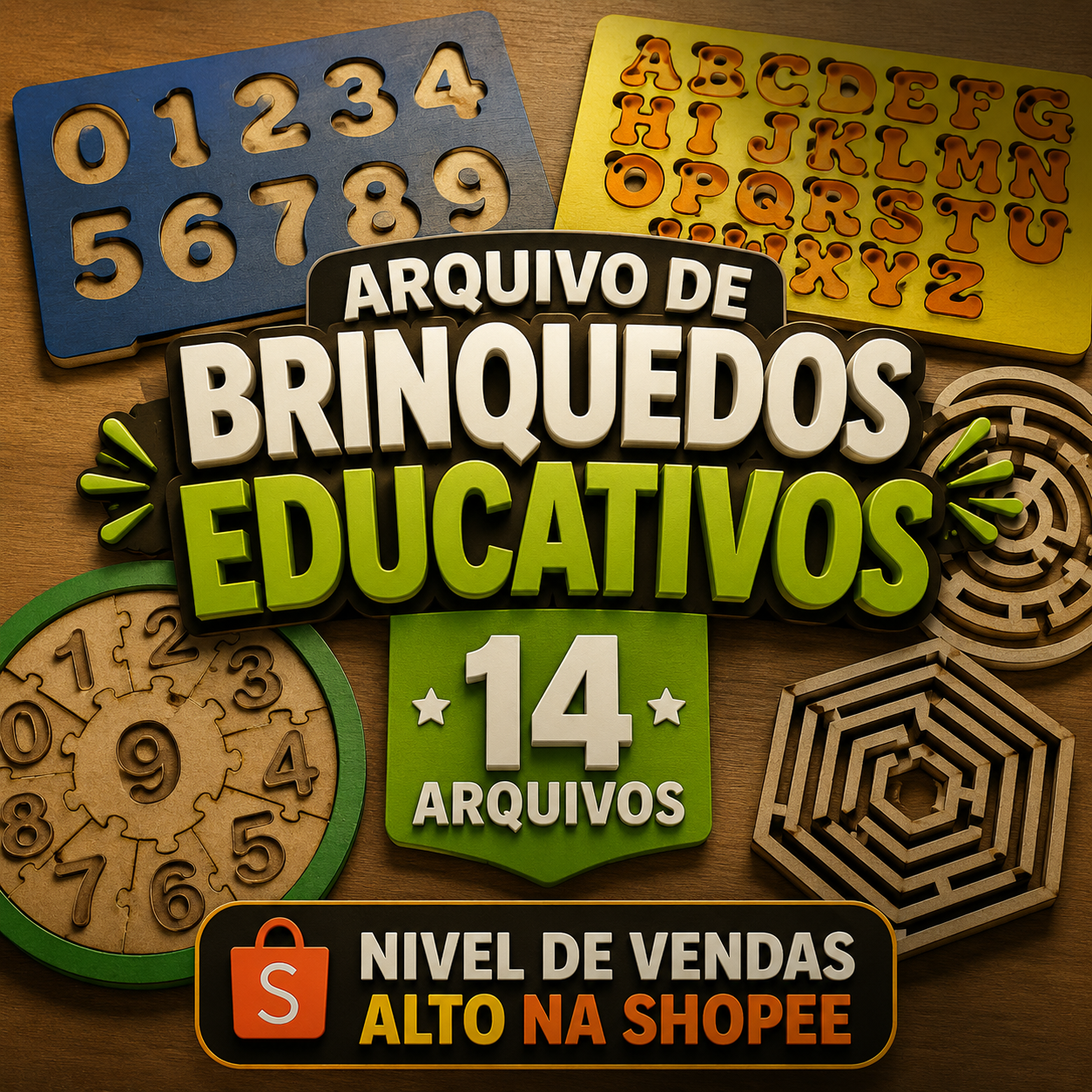 Pack com 14 arquivos de brinquedos educativos em MDF para corte em máquina laser