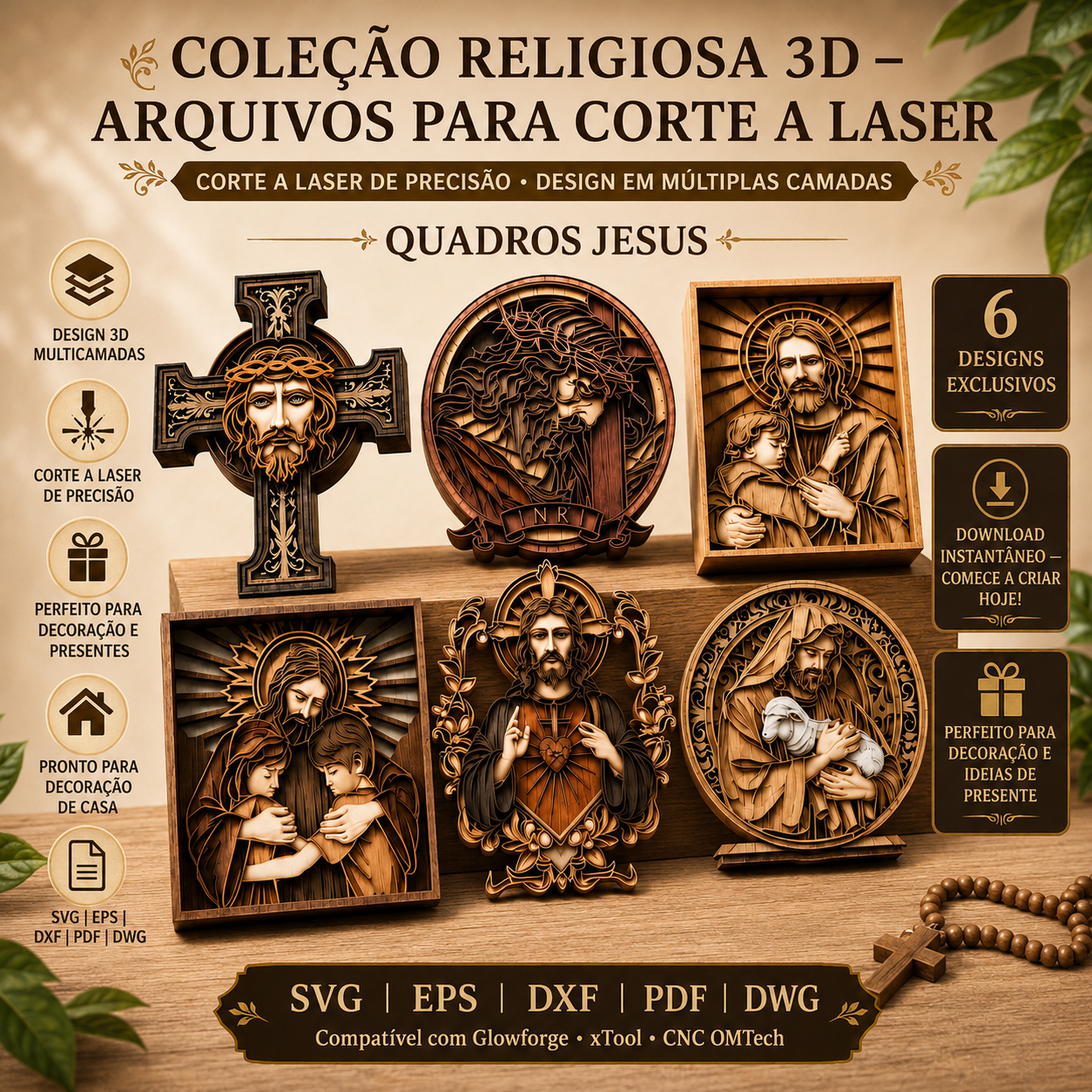 Coleção Religiosa 3D com 6 arquivos de Jesus para corte a laser em MDF