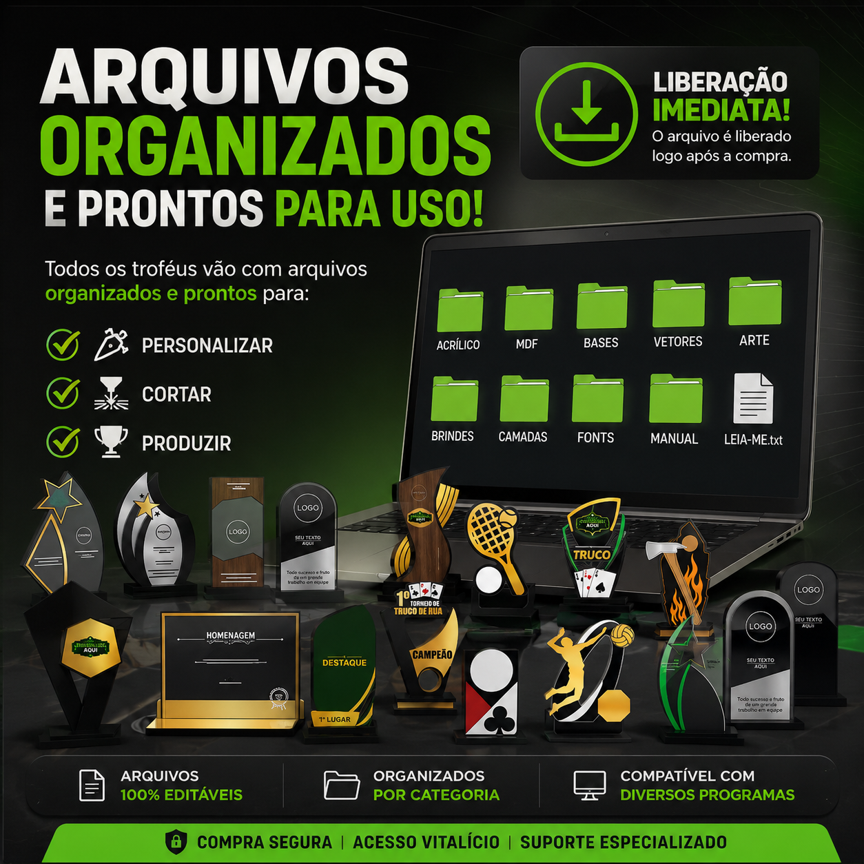 Arquivos de troféus organizados e prontos para produção em MDF e acrílico