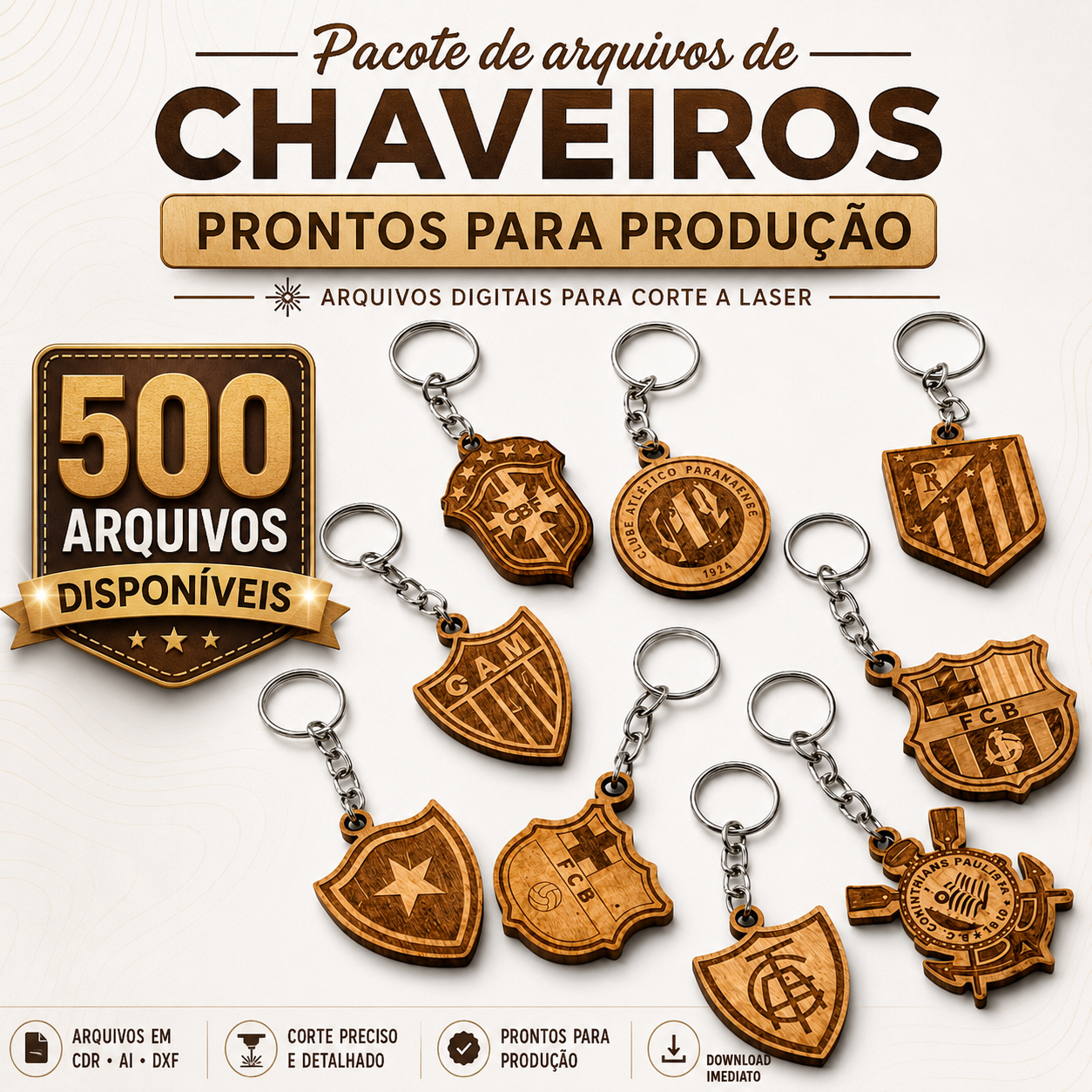 Pack com 500 arquivos de chaveiros de times de futebol para corte a laser em MDF