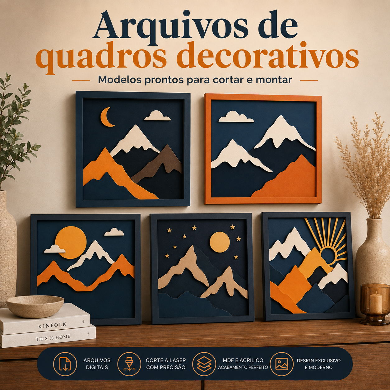 Pack de arquivos de quadros decorativos para corte em máquina laser CO2 utilizando MDF e acrílico
