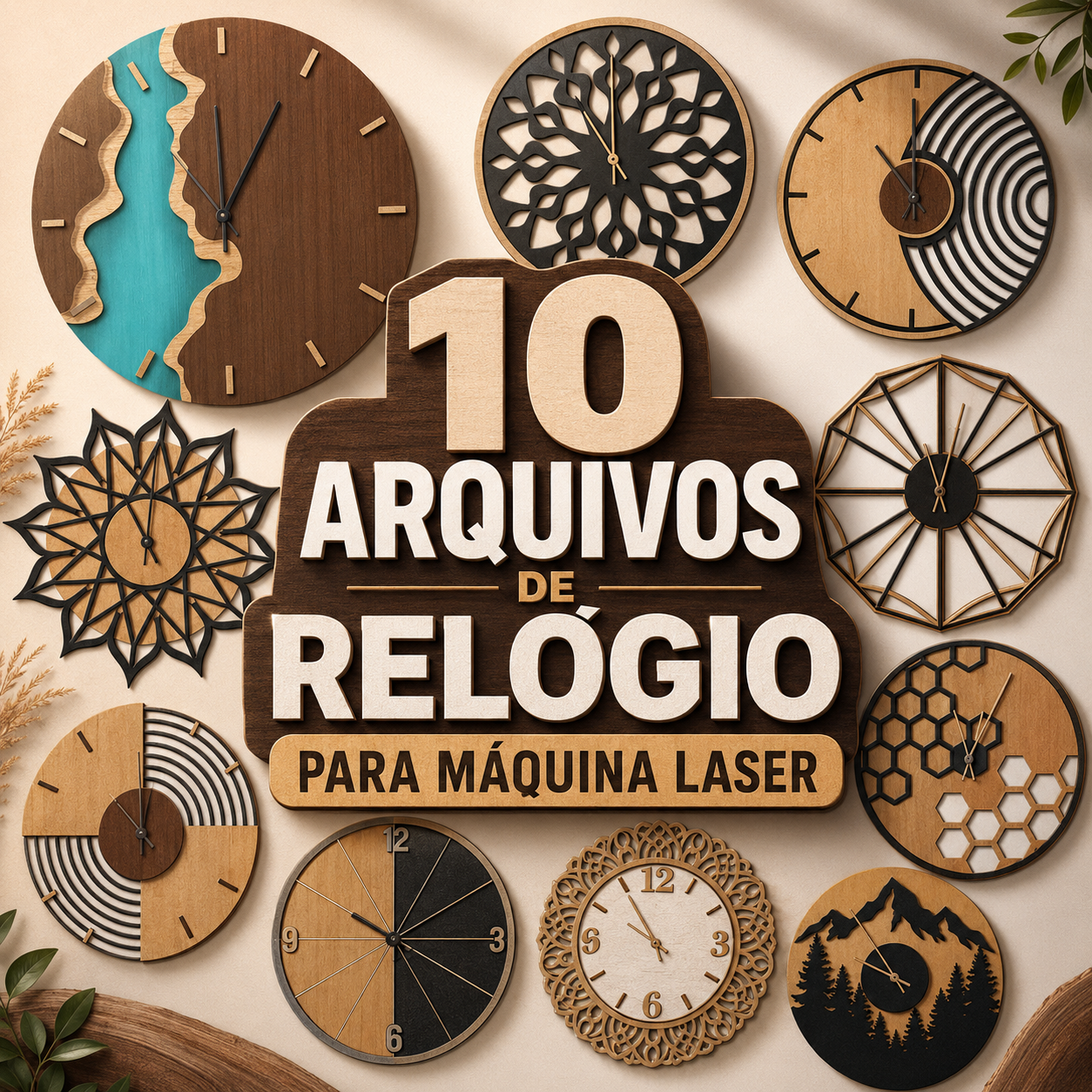 Pack com 10 arquivos de relógios de parede decorativos para corte em máquina laser